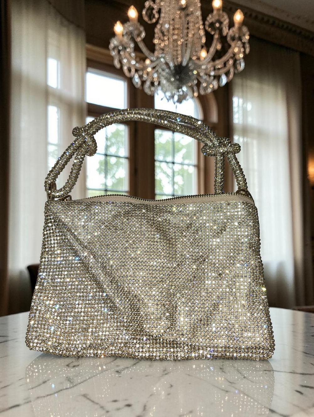 Gold Rhinestone Shoulder Bag Sparkly Crystal Purse Glam Evening Bag Knot Handle